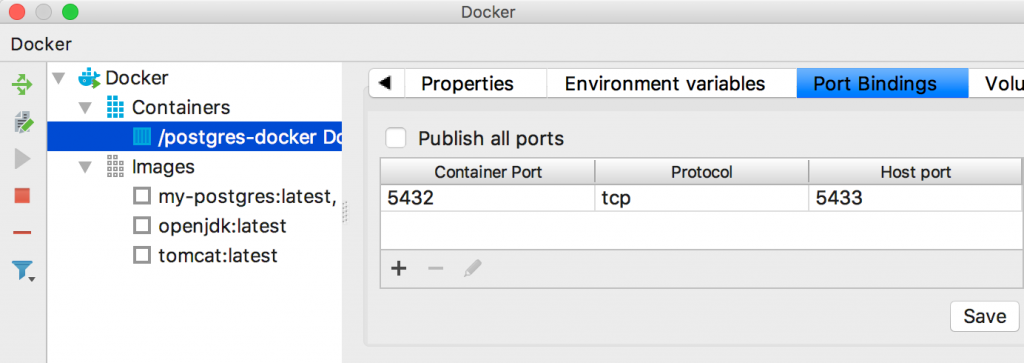 IntelliJ Docker plugin showing port bindings