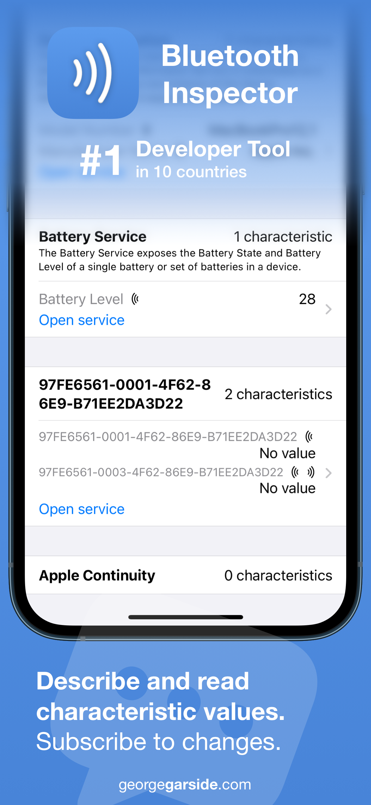 Bluetooth Inspector describe and read characteristic values, subscribe to changes