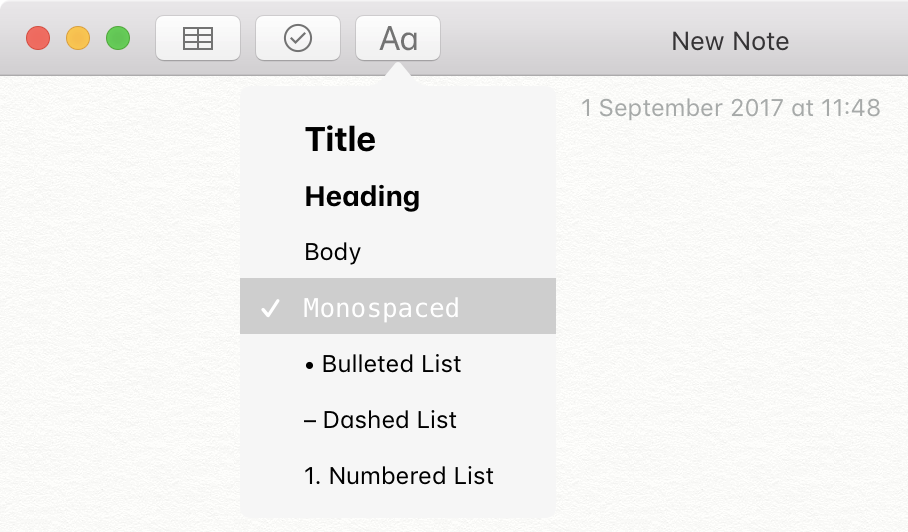 Notes.app monospaced format font in macOS