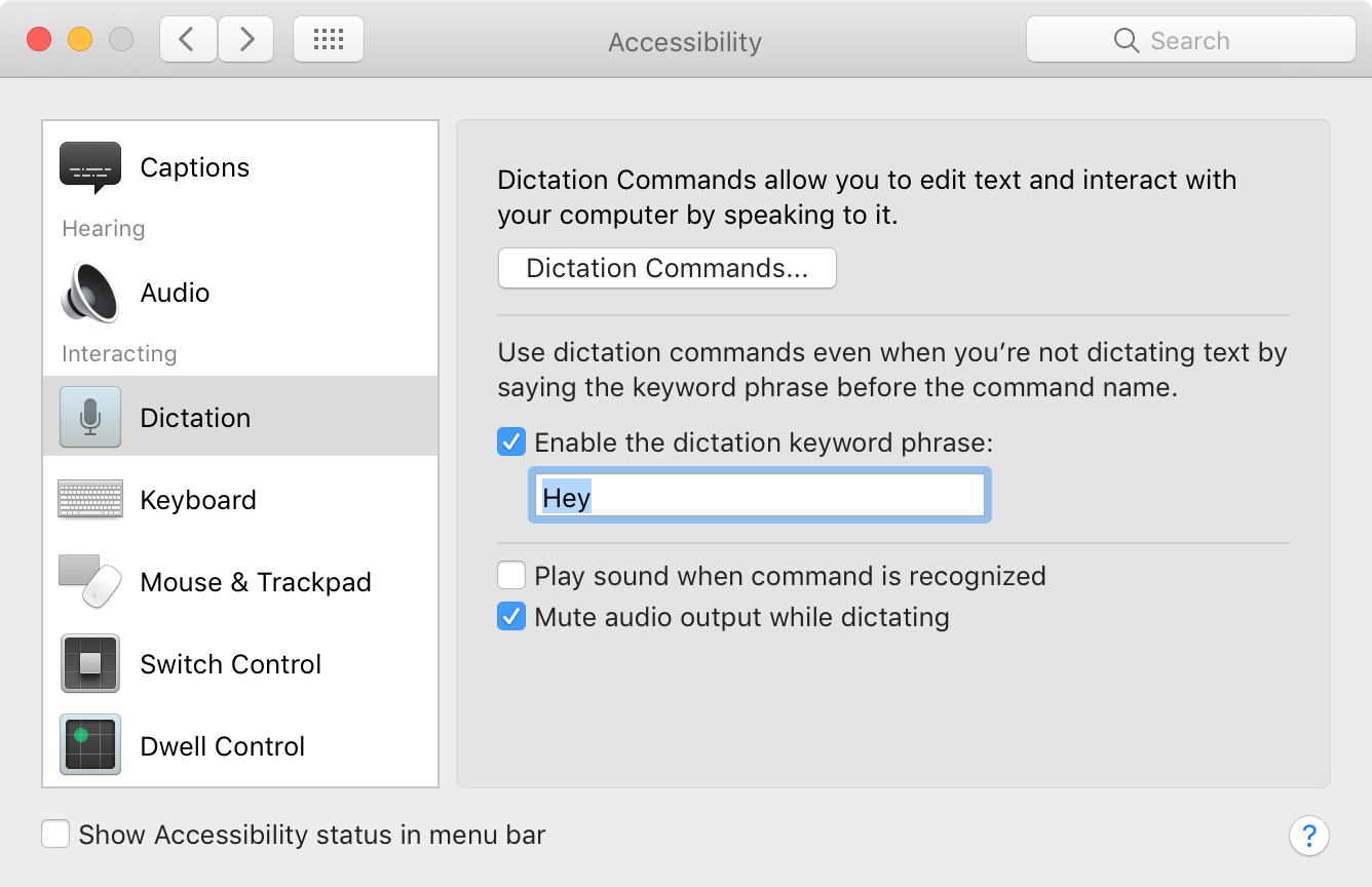 Accessibility Dictation settings in System Preferences in macOS for enabling Hey Siri in Sierra