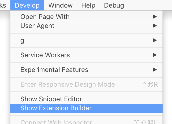 Safari Develop menu with Show Extension Builder highlighted