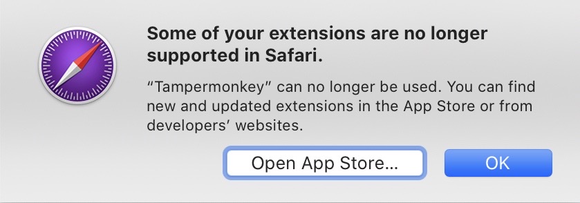 Some of your extensions are no longer supported in Safari