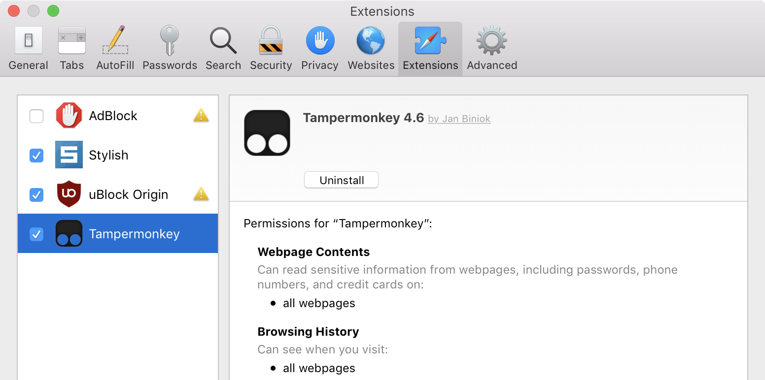 Safari Preferences showing Extensions tab with Tampermonkey listed as installed