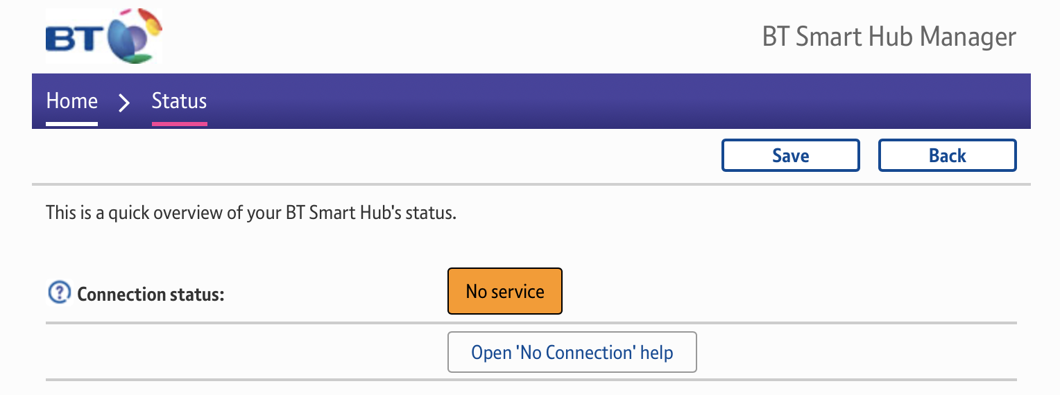BT Smart Hub Connection status: No service, Open no connection help
