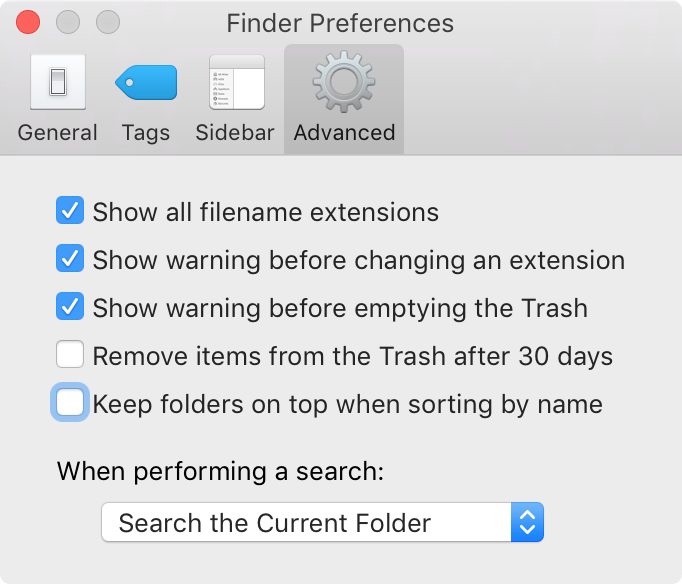 Sort folders above files in Finder