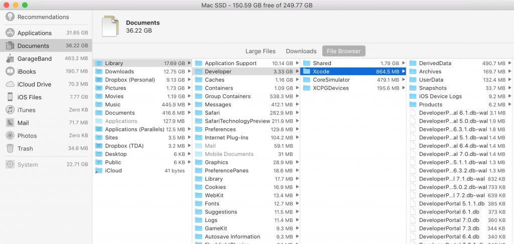 Browse folders on your disk using System Information's file browser showing folder sizes