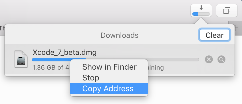 Safari Downloads Context Menu Xcode_7_beta.dmg Show in Finder Stop Copy Address