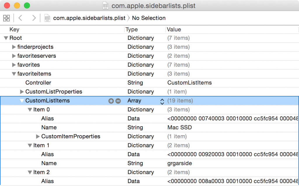 com.apple.sidebarlists.plist Finder Sidebar Preferences Property List in Xcode