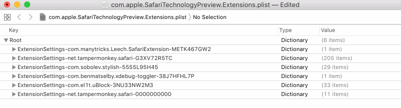 Safari extensions settings plist to copy preferences from an older version of the extension