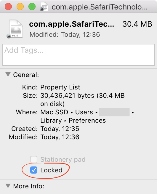 Safari extensions preferences file locked in Finder Get Info