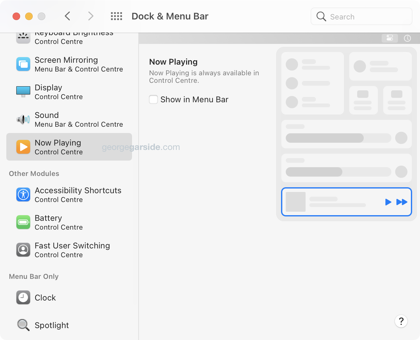 Now Playing menu bar System Preferences option