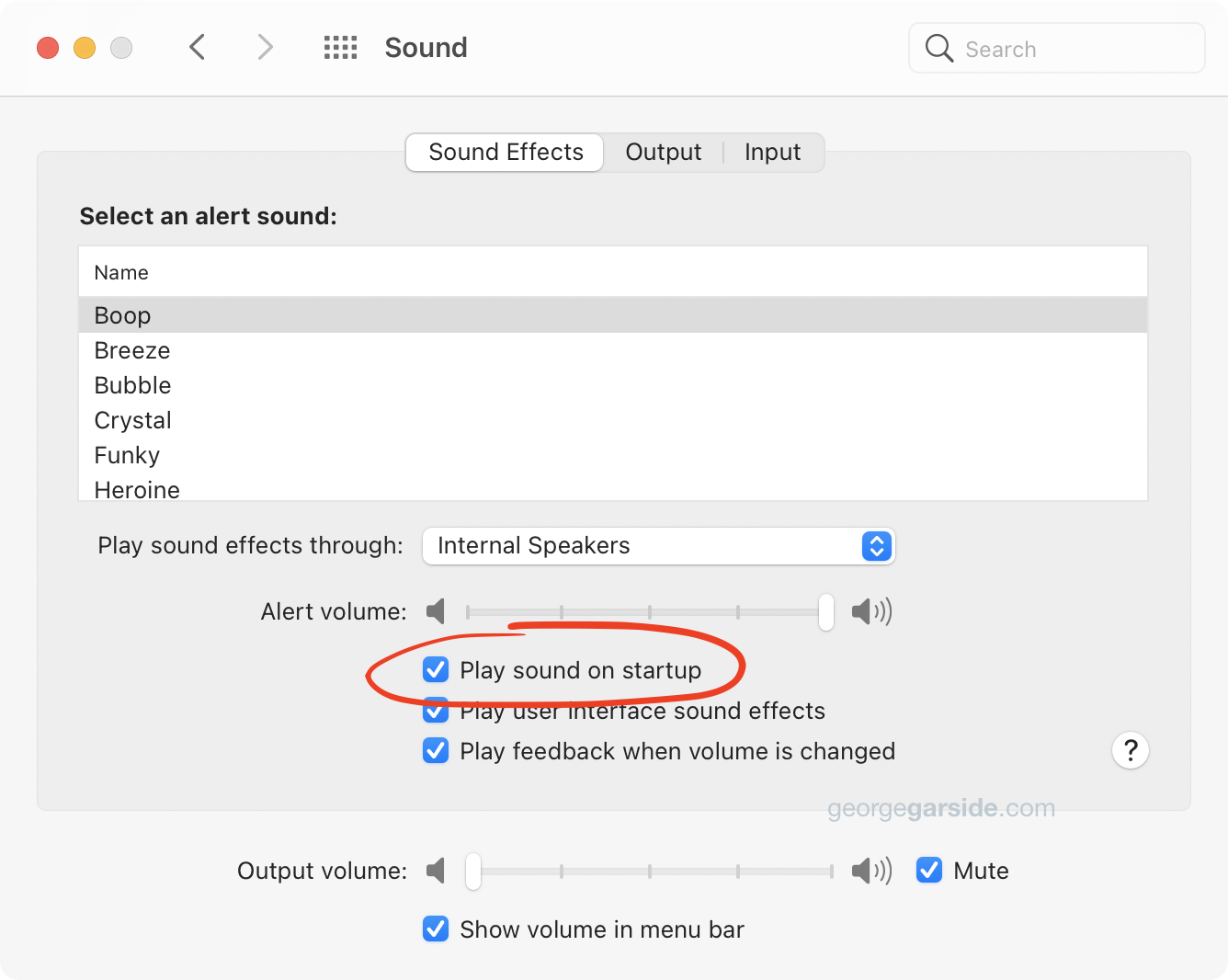Play sound on startup checkbox in System Preferences
