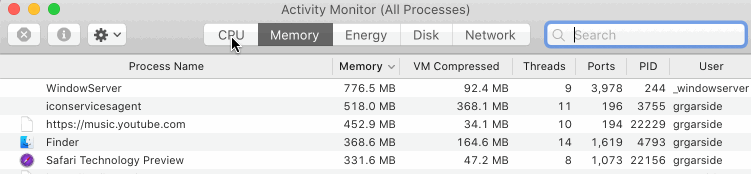 Activity Monitor tab switching transition