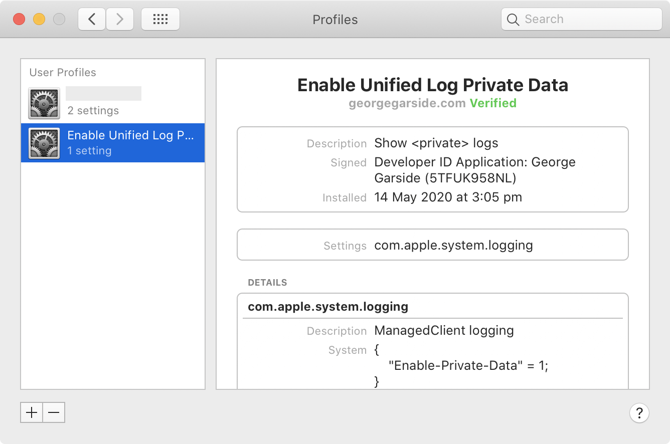 Enable private logs using a profile in System Preferences