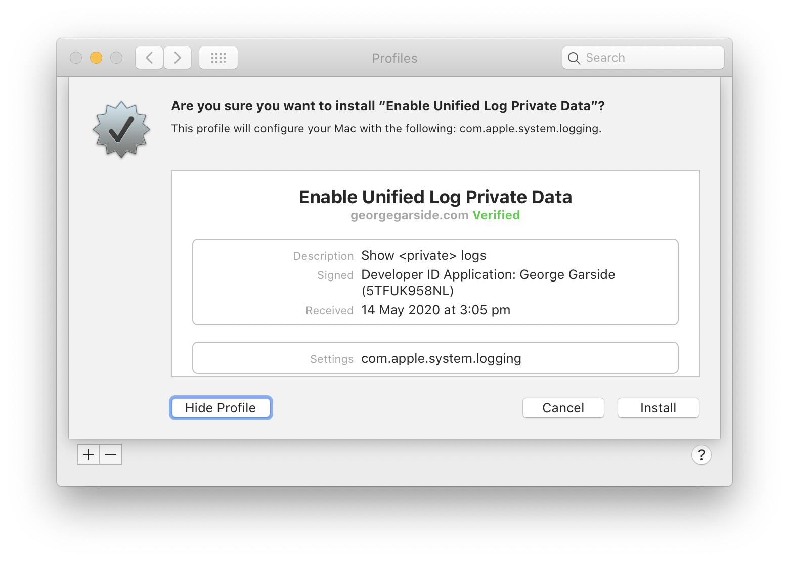Install ‘enable private log’ profile on Mac