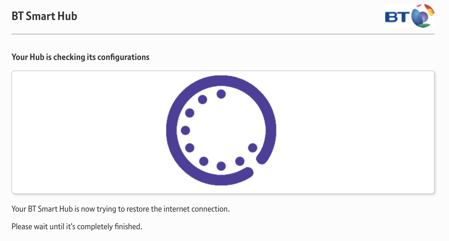 BT Smart Hub is checking its configuration, trying to restore the Internet connection